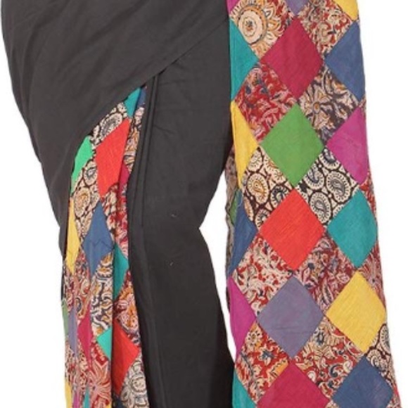 Raw silk-cotton BLACK SAREE. Patchwork palla. NWOT - Picture 1 of 5